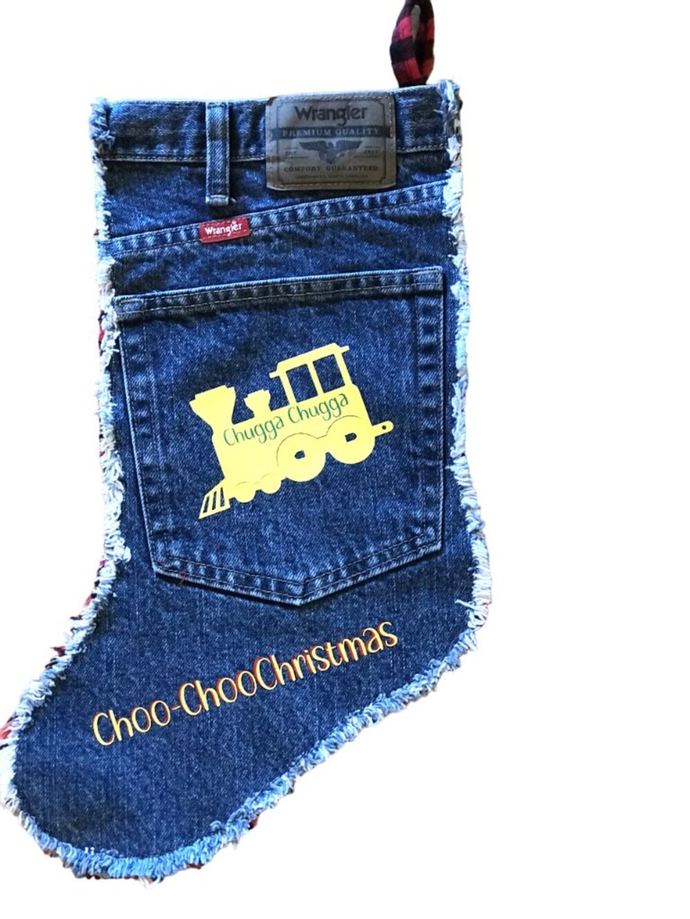 Handmade Denim Christmas Stocking w/Jean Pocket Choo-Choo Train Graphics S - M